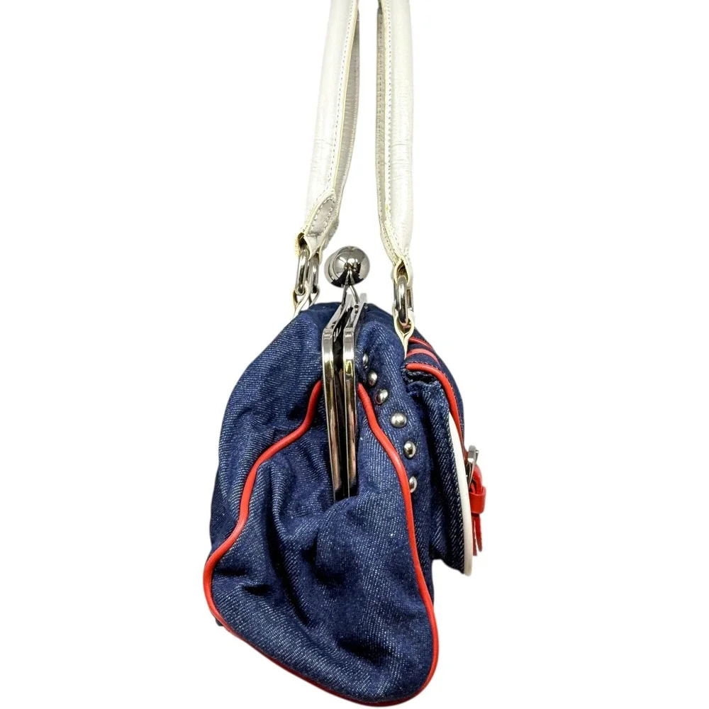 Euro Wellness Women's Purse Y2K Denim Red White Blue Studded Kiss‎ Lock